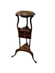 Dark Hard Wood Triangular Plant Stand With One Drawer And Brass Plant Basin