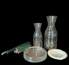 Glass Carafe Medium And Large, Vitrified Hotelware Cigar Ash Tray & Candles (D)