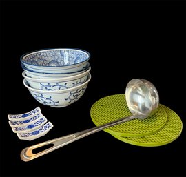 Blue And White Chopstick Rests, Soup Bowls, Soup Ladle & Green Silicone Heat Trivets (D)