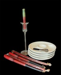 California USA 350 Pottery White Artichoke Plates, Cheese Knife, Glass Candle Stick Holder & Candles (d)