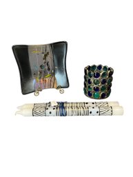 Kurt McVay Iridescent Fused Dichroic Art Glass Dish, Decorative Candle Holder & Candle Stick Set (D)