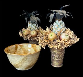 Decorative Bowl & Delicate Faux Floral And Fruits In Ceramic Pots (D)
