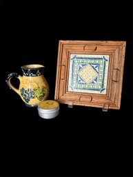 Yellow And Blue Cassis & Co. Pitched, Vitroceramica Tile Trivet & Small Portfolio Collection Candle (D)