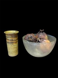 Ceramic Signed R.S. Vase, Glass Bowl & Faux Pomegranates (D)