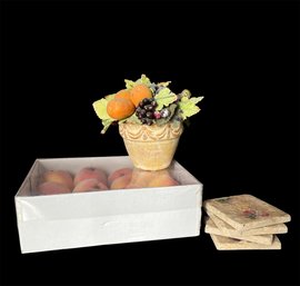 AAI Faux Decorative Peaches (12x), Faux Floral And Fruit Table Decor In Ceramic Pot & Coasters (D)