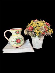 Fima Deruta Ceramic Pitcher, 12x Cream Cloth Napkins & Pierre Deux Autumn Faux Florals In Ceramic Pot (d)