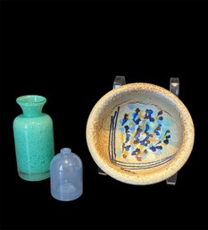 Signed Decorative Ceramic Bowl, Small Green/Blue Vase & Mini Blue Vase (d)