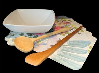 Floral Plastic Placemats By Judy Buswell, IPatrizi Ceramic Serving Bowl & Wooden Serving Utensils (d)