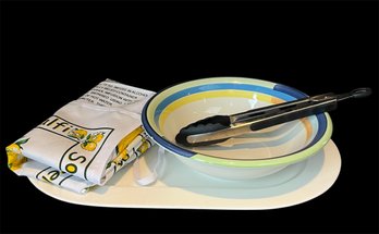 Apron, Silicone Locking Tongs, Primula Salad Bowl & Bone China Hudson Park Collection Serving Platter (d)
