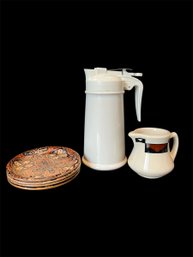 Beehouse Syrup Dispenser, Sterling China Cream Pitcher & Coasters (d)