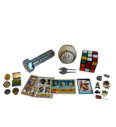Vintage Golf Divot Tool, Signed Baseball, Football And Baseball Cards, Rubix Cube, LE Screw & Assorted Pins