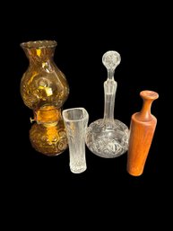 Oil Lamp, Wine Decanter, Glass And Wood Vases