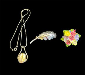 Crown Staffordshire England Porcelain Flower Brooch, Silver-tone Leaf Pin & Necklace