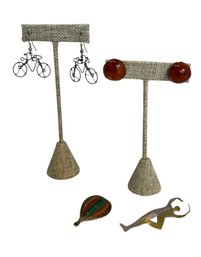 Bicycle Dangling Earrings, Orange-tone Acrylic Studs, Far Fetched Sterling Mixed Pin & Hot Air Balloon Pin