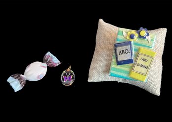 Book Pin By Lucinda, Iridescent Butterfly Pendant & Glass Candy