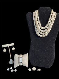 Geneva Quartz Ladies Watch, Faux Pearl Necklace And Earrings, White Buttons, Heart Pendant, Pin & Clip