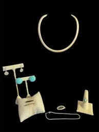 Turquoise Colored Ring, Clip-on Earrings, Necklace, Ankle Bracelet, Pin & Clip Sterling Silver Pin & Earrings