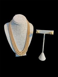 Gold-Tone Faux Pearl Necklace And Metal Ball Earrings