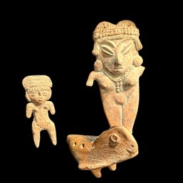 Colima Whistle, Red And Brown Clay Figures In The Style Of Chupicaro