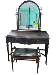 Dark Wood Antique Vanity, Mirror, And Stool