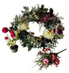 Spring Set, Wreath With Potted Faux Ranuncula & Faux Flowers  (G)