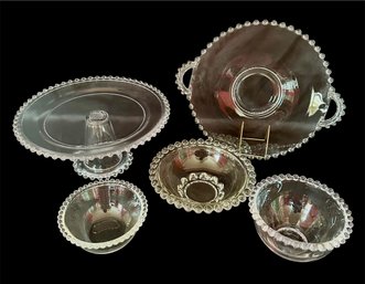 Candlewick Glass Cakestand, Plate, And 3 Small Bowls