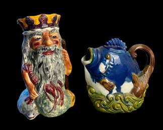 Staffordshire Handpainted Pitcher & Fish Decorative Sculpture (G)