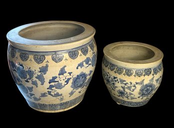Chinese Blue And White Porcelain Fish Bowl Planters (2) (G)
