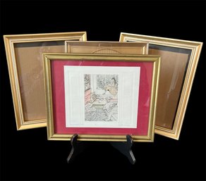 Hand Colored Etching Signed By Yette DeMeo & Gold Frames (GBR2)