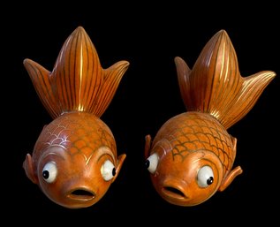 Vintage Japanese Lucky Goldfish Ceramic Figurines With Gold Accents (2)