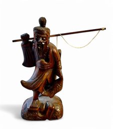 Vintage, Hand-carved Wooden Sculpture Of A Chinese Fisherman