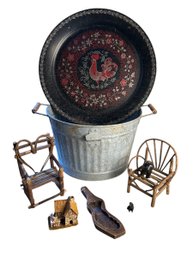 Decor Set With Rooster Painted On Platter, Metal Handled Bin, Decorative Wood & Twine Chairs, Stone Dog
