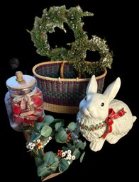 Holiday Decor Set With Ceramic Rabbit, Wreaths, Heart Ornaments