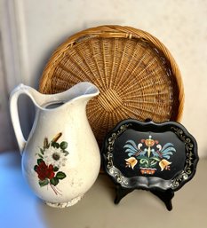 Wicker Basket Tray With Floral Vintage Pitcher & Black Folk Art Tin Dish