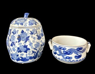 Mid 20th Century Chinese Blue & White Ceramic Gourd-shaped Lidded Jar, Chinoiserie Dragon Casserole Dish GBR2