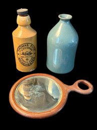 (2) Decorative Bottles & Vintage Wooden Hand Mirror