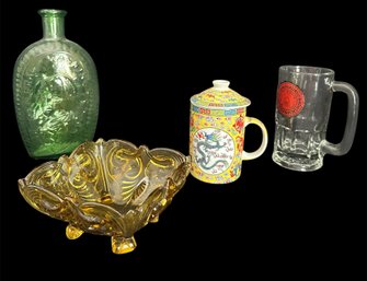 Asian Ceramic Tea Cup With Lid, Green Glass Bottle, Pint Glass, And Amber Glass Footed Dish (gbm1)