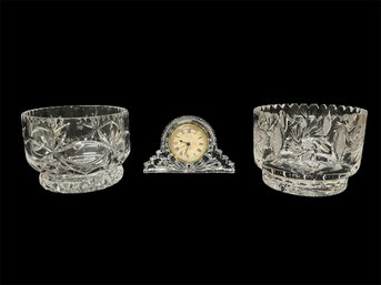 Set Of 2 Decorative Crystal Bowls & Crystal Legend Clock By Godinger