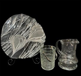 Savoir Vivre Crystal Frosted Crocus Platter, Crystal Krosno Pitcher & Glass Ice Bucket
