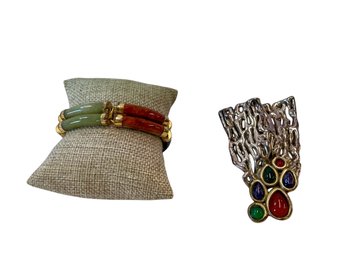 14K & Semi Prescious Stones Bracelet & Sterling Pin