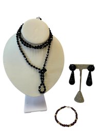 Black Beaded Necklace & Earrings, Stone & 12K Bracelet