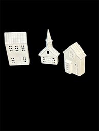 White Ceramic Church And Houses Candle Holders