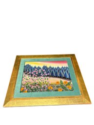 European Original Painting Of Bird And Flowers In Gold Frame