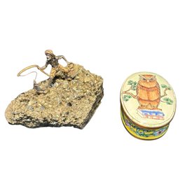 Owl Trinket Box And Pyrite Fisherman Figurine