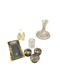 Cruet Set, Gilded Tray, And Assorted Glassware