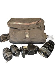 Tarmac Camera Bag With Cannon Film Camera And 3 Adjustable Lenses