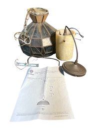 Etched Glass & Brass Chandelier And Stone Pendant Light