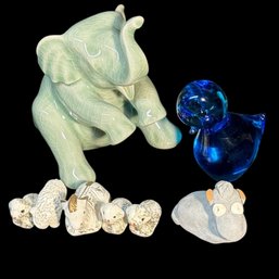 Glazed Elephant,Blue Glasses Bird, And Assorted Animal Figurines