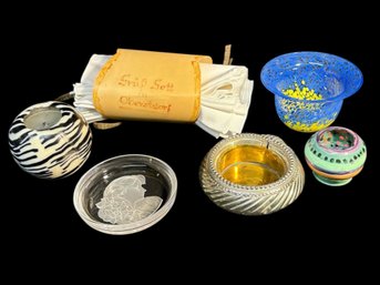 Metal Candle Holder, Signed Art Glass Bowl, And Assorted Decor