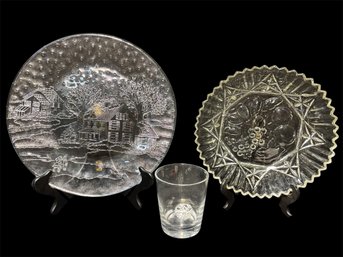 Large Holiday Decorative Glass Plate, Clear Glass Pioneer Fruit Plater, Snowflake Double Old Fashion Glass